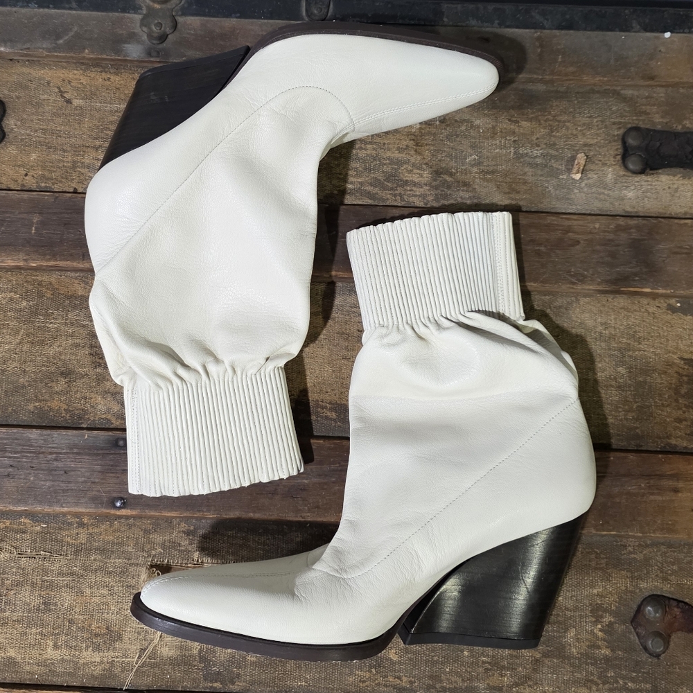 Kenzo Billow Leather Italian Ankle Boots In Ecru w/ Pointed Toe and Stacked Heel
